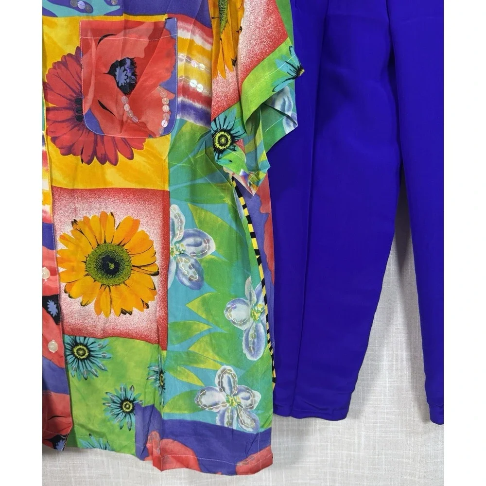 Vintage NWT Diane Gilman 100% Silk Blouse Reversible Pants Set Women's 2X Floral - Picture 15 of 16